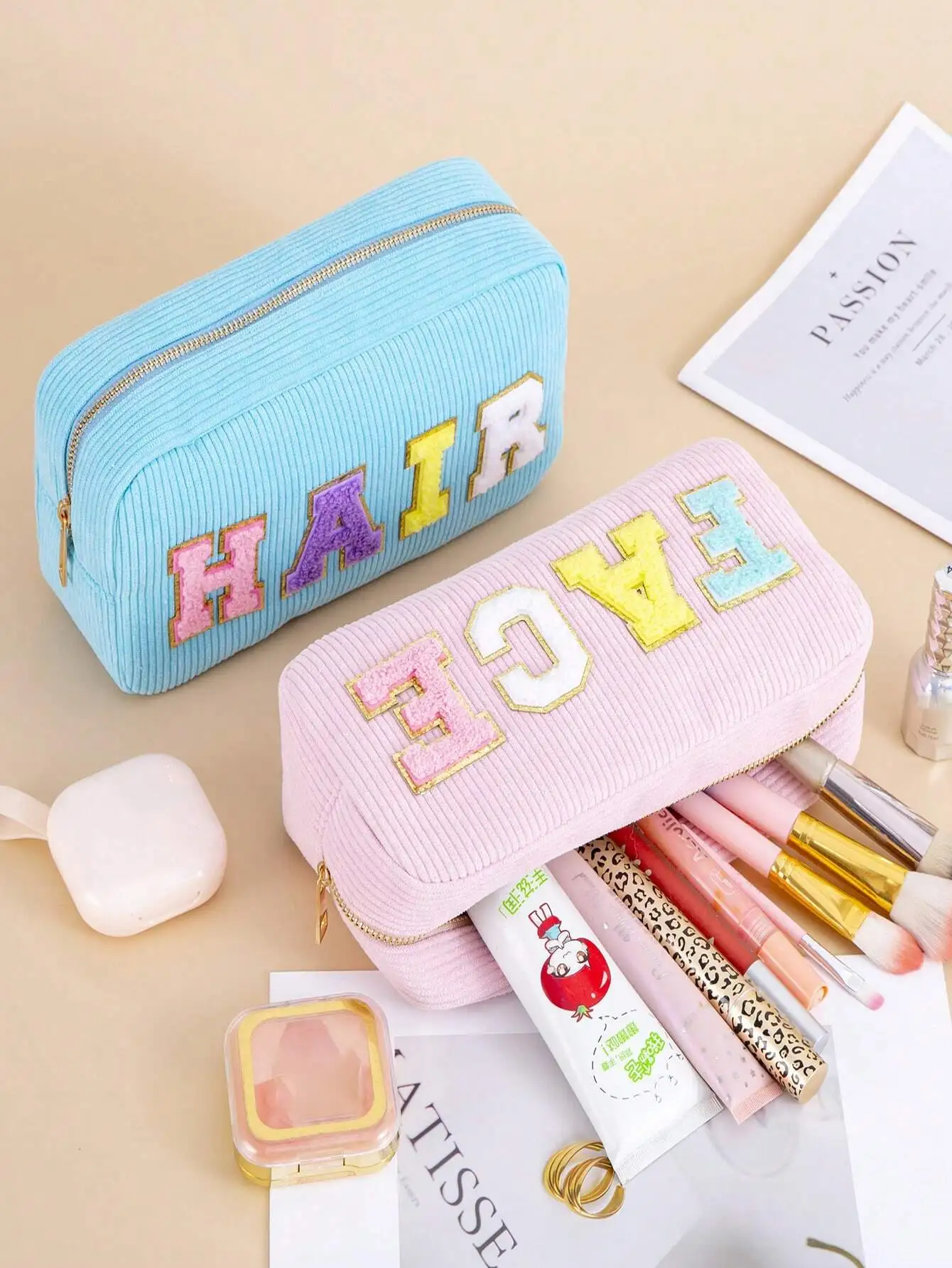 1 قطعة/4 قطعة النساء الفتيات Preppy السفر سروال قصير الشنيل رسالة بقع العناية بالبشرة الوجه الشعر الاشياء ماكياج الحقيبة حقائب مستحضرات التجميل السفر Z