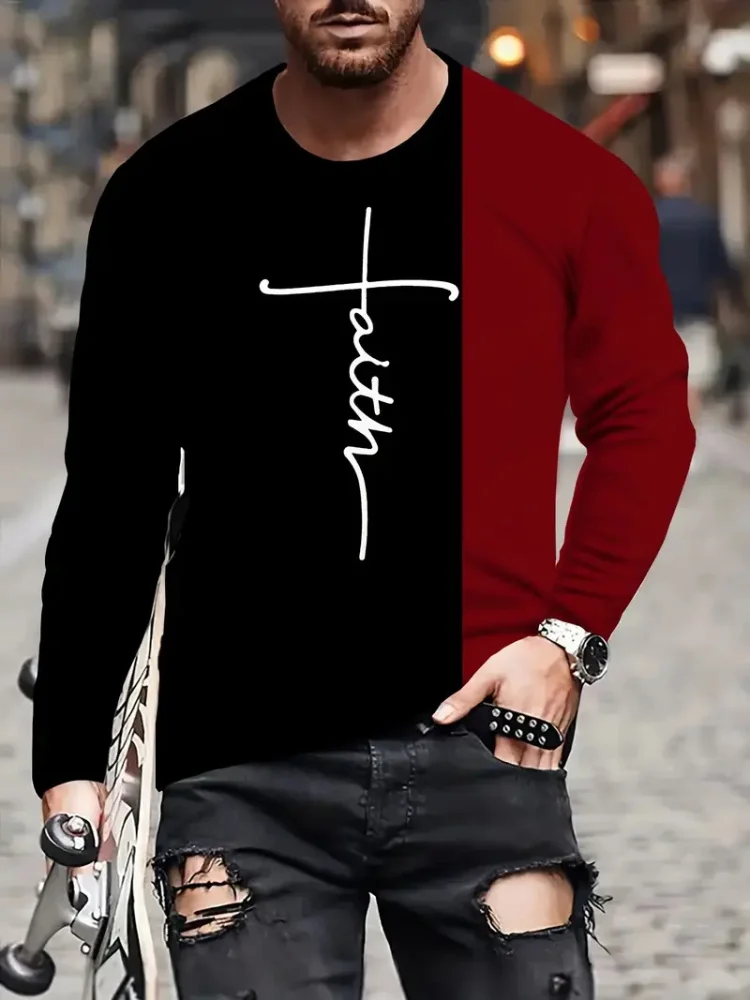 Fashion Trend Men\'s Crew-neck Long Sleeves Cross 3D Printed Men\'s Casual Pullover T-shirt Casual All-match Men\'s Top S-5XL