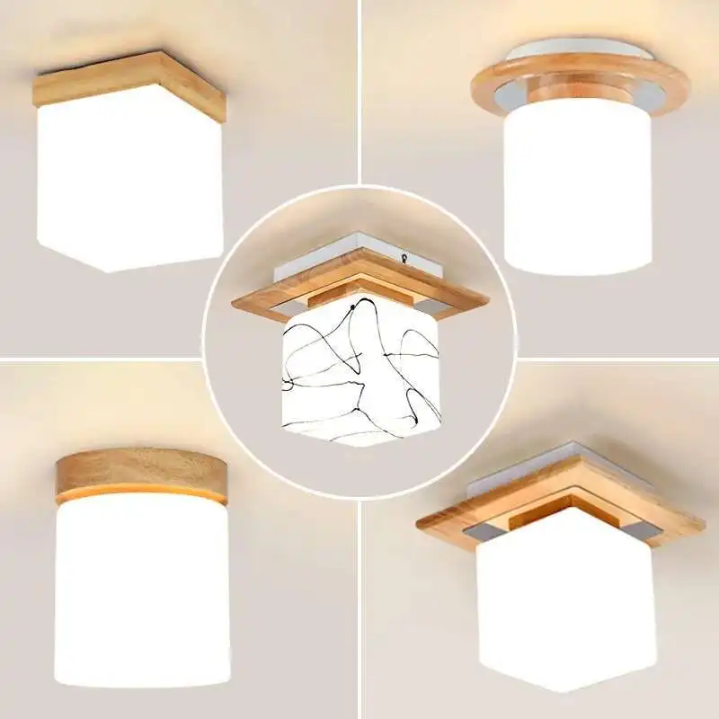 

Modern Wooden Ceiling Lamp with Glass, Japanese-Style Hanging Light for Living Room Bedroom Hallway, Natural Wood Frosted Glass