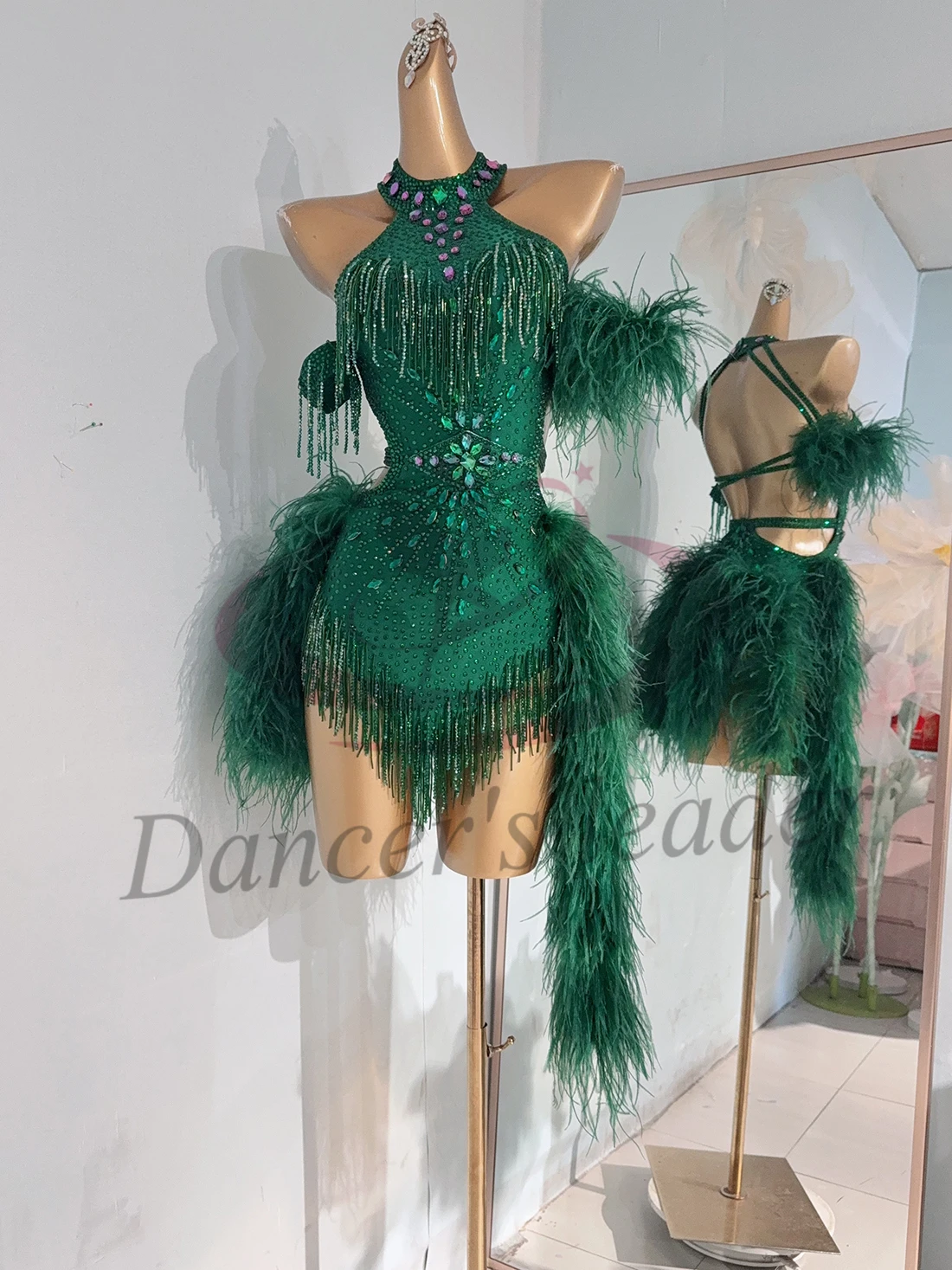 

Latin Dance Competition Women's High end Customized Jadeite Fluffy Tassel Samba Performance Water Diamond Dress