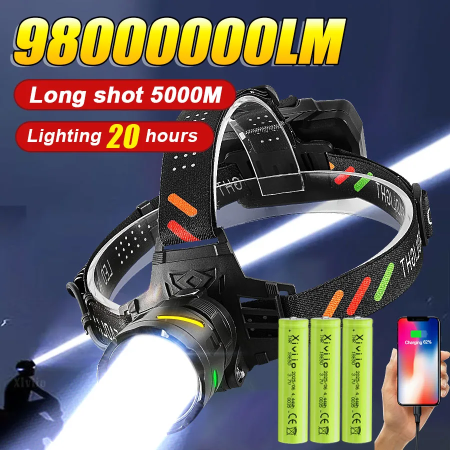 98000000LM Most Powerful LED Headlamp Ultra Bright 5000M Head Flashlight Rechargeable Head Torch Fishing Hunting Headlight 18650