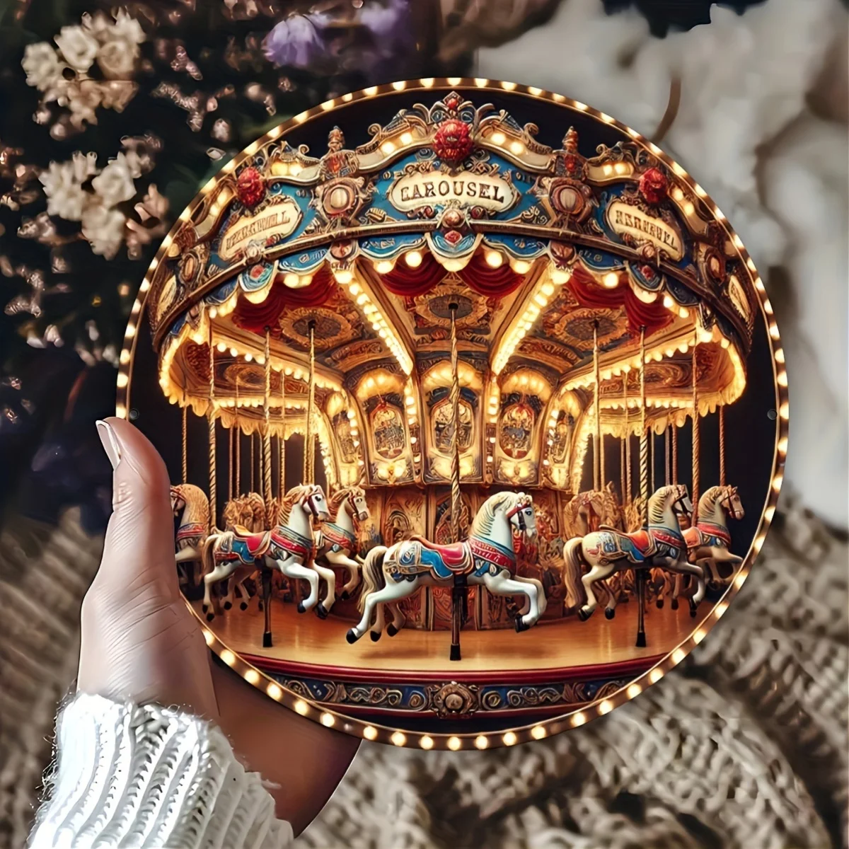 2D Metal Sign, Vintage Carousel Horse Round Metal Wall Art, 7.9x7.7 Inch Preattached Holes for Easy Hanging, Retro Carnival Gift