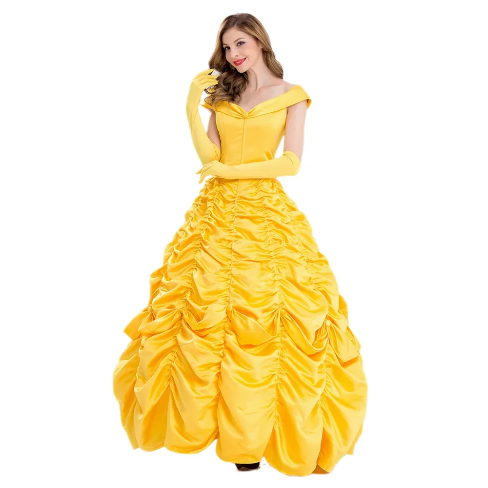 Womens Princess Ball Gown Dress Belle Beauty And The Beast Yellow Costume Halloween Masquerade Carnival Party Performance Dress