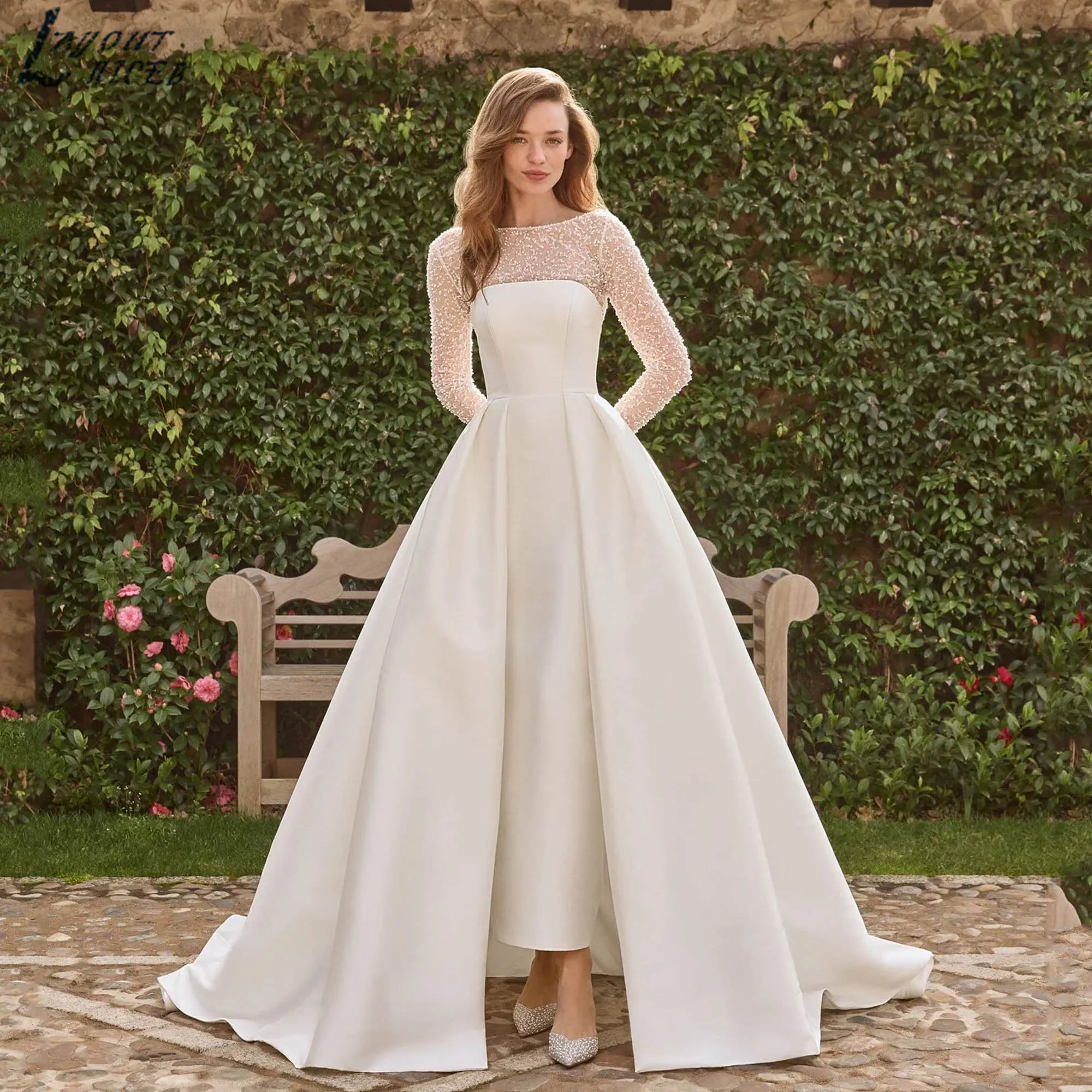 Simple Satin Wedding Dress With Detachable Long Sleeves A-line Vintage Bridal Gowns O-neck Buttons vestidos de novia Customized