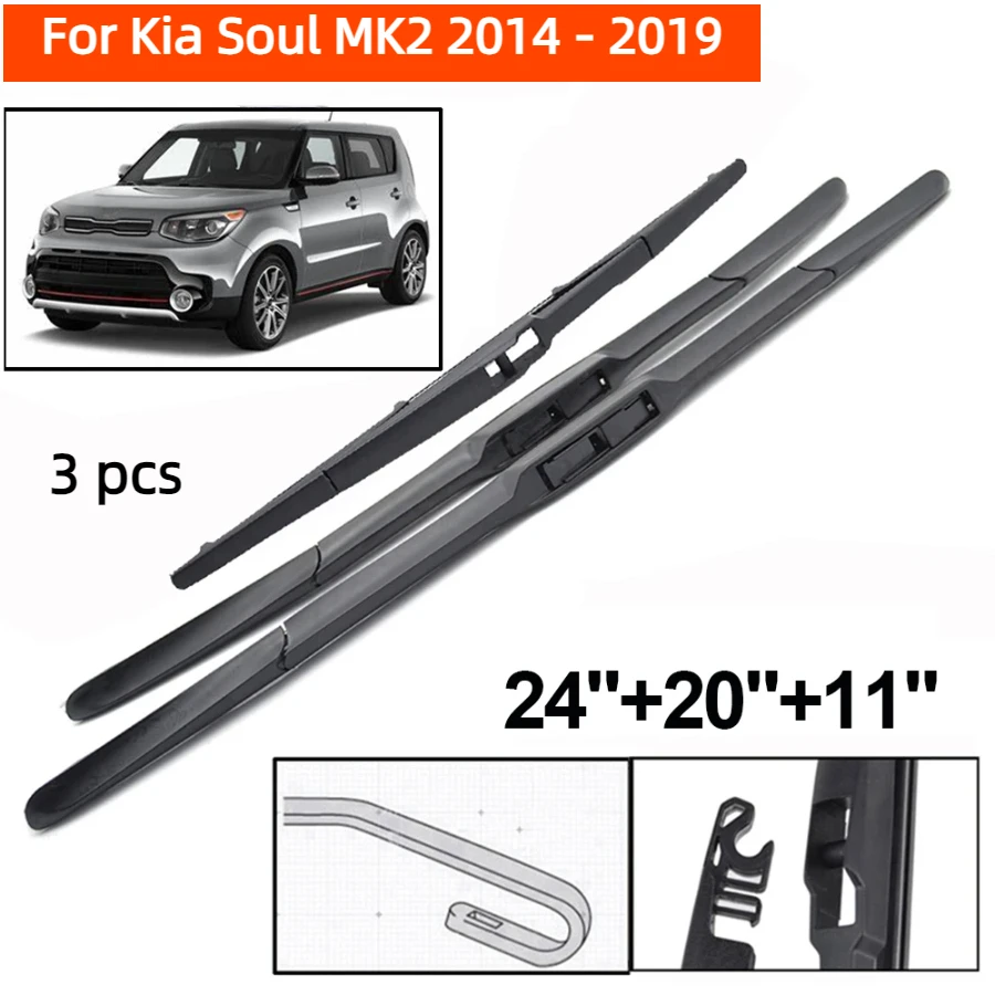 ZHANGU Wiper Front & Rear Wiper Blades Set For Kia Soul MK2 2014 - 2019 Windshield Windscreen Window Rain Brushes 24