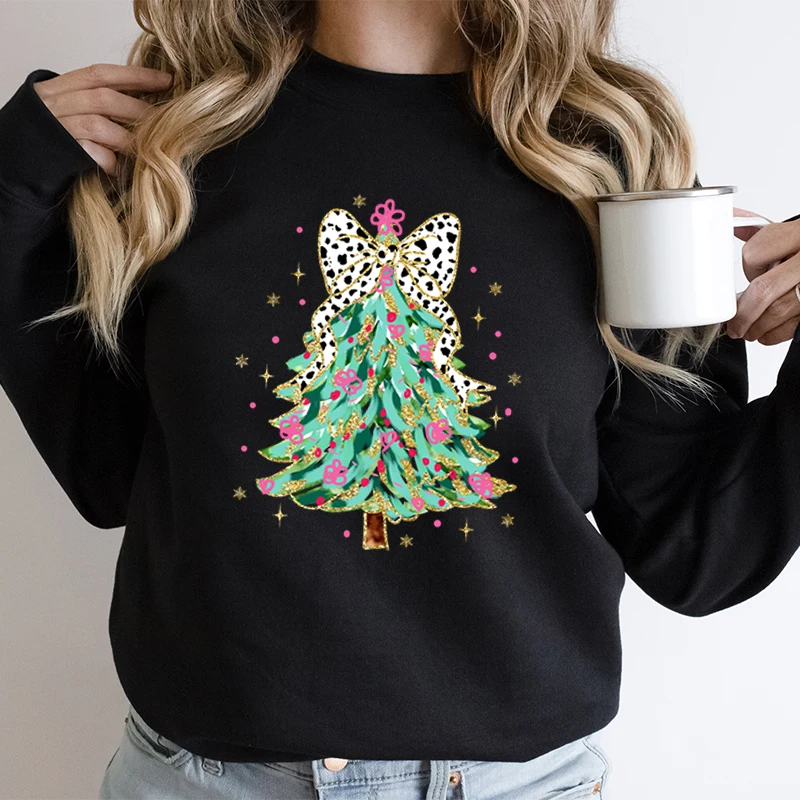 Womens Christmas Sweatshirt Colorful Christmas Tree with Bow Trending Sweatshirts Merry Christmas Tree Cartoon Classic Hoodies