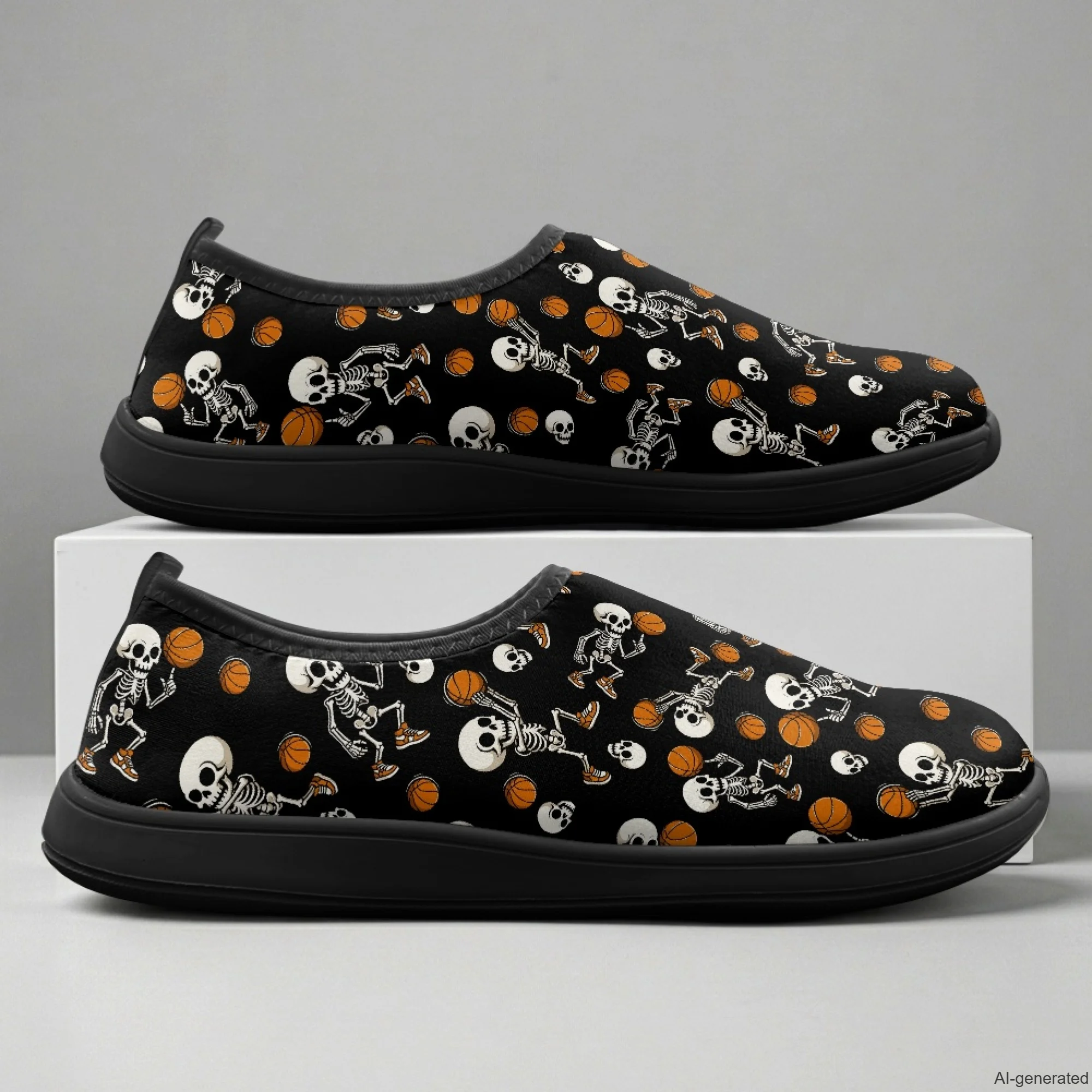 XIXIRIMIDO Halloween Skull Pattern Walking Flats Wide Toe Flats for Men Slip On Workout Trainers Nurse Shoes Black