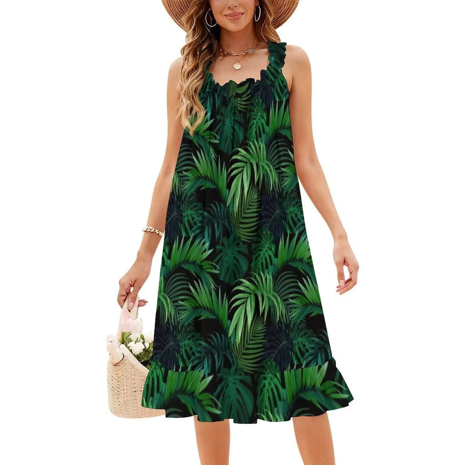 فستان بوهيمي بدون أكمام بأوراق الغابة للنساء مطبوع عليه فساتين حفلات الشاطئ Monstera Palm Leaf أخضر عتيق للنساء #4