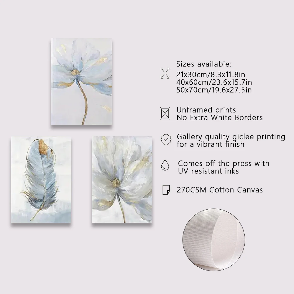 3pieces Canvas Painting Beautiful Dream Small Fresh Flower Feather Poster Ideal Gift for Living Room Kitchen Wall Art Wall Decor