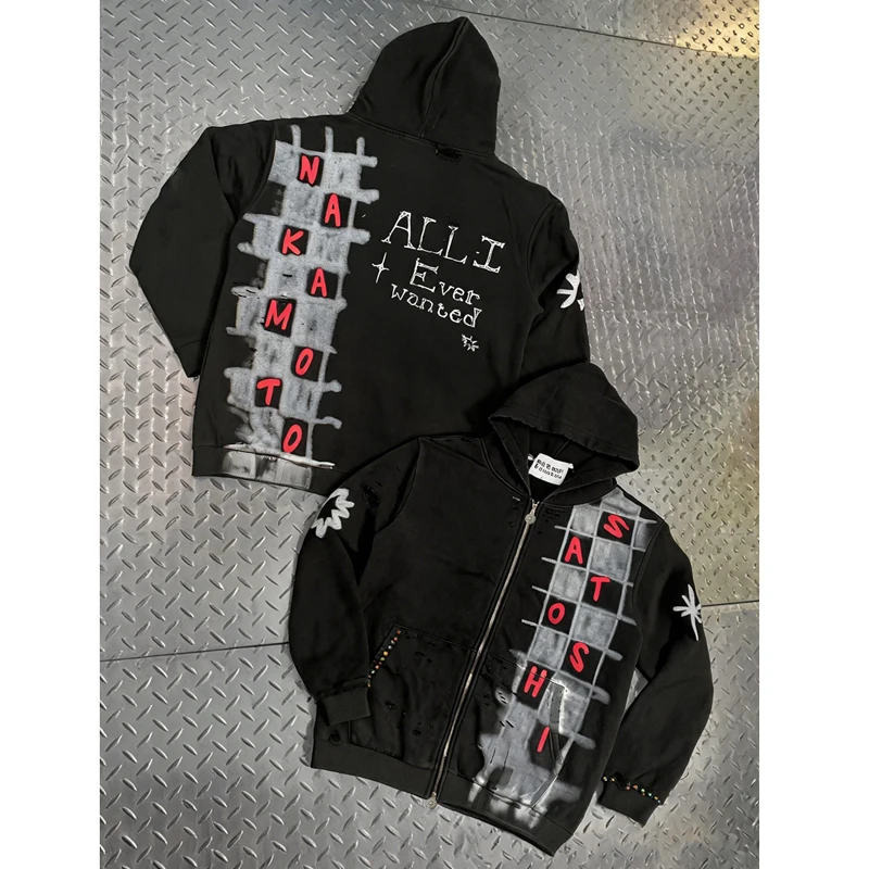 26SS New Satoshi Nakamoto Hoodie American Style Spray Paint Plaid Graffiti Print Rivet Rhinestone Men High Street Coat