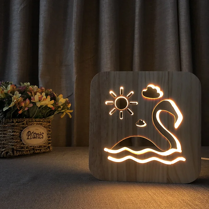 Wood Nightlight Cute Animal Dog Cat Lion Dolphin Seahorse Led Desk Lamp Gift Adult Children Bedside Lamp Decoration