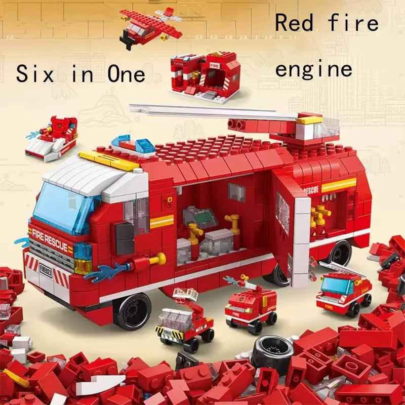 

Набор строительных блоков для пожарной станции 6-в-1. Пожарная машина, вертолет и модель пожарной машины, настольные украшения.подарок.