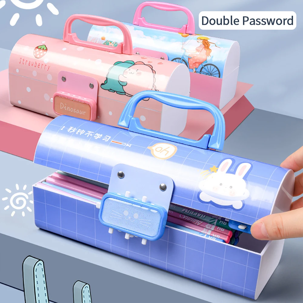 Portable Pencil Case with Password Lock Large Capacity Pen Box Cartoon Stationery Case Organizer School Supplies
