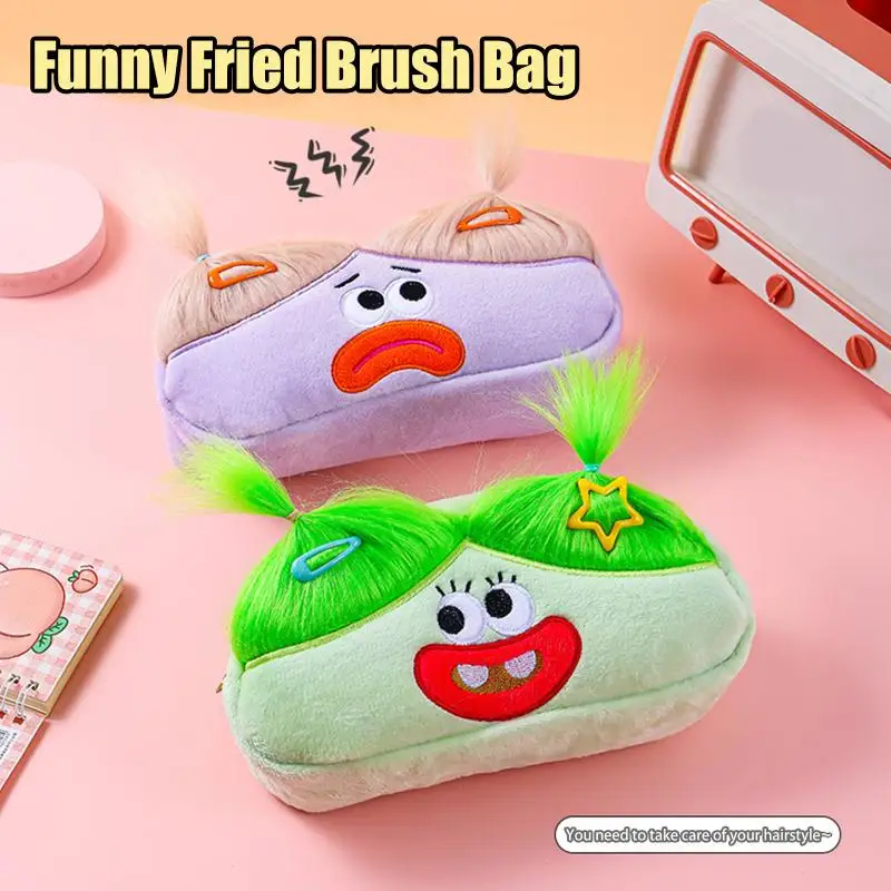 Estuche para lápices de monstruo de pelo desordenado, bonita muñeca fea, bolsa de papelería de felpa con ojos grandes, suministros escolares kawaii peludos para niñas