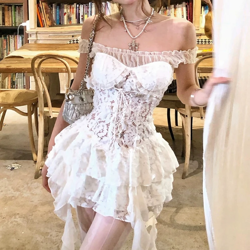 Summer Y2k Off Shoulder Sexy One Piece Dress French Vintage White Lace Slip Dresses Female Chic Summer Y2k Off Shoulder Sexy One Piece Dress French Vintage White Lace Slip Dresses Female Chic