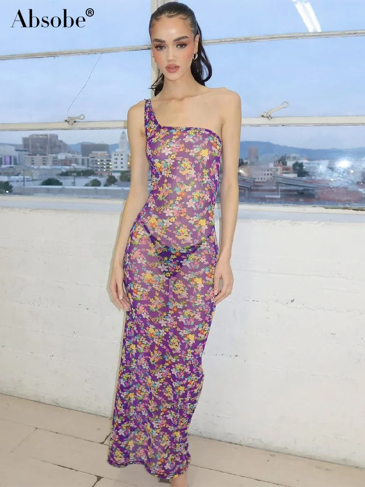 

Absobe Sheer Mesh Floral Long Dress Women Holiday Slim One Shoulder Tank Maxi Dress Open Back Purple Summer New 2024 Beachwear