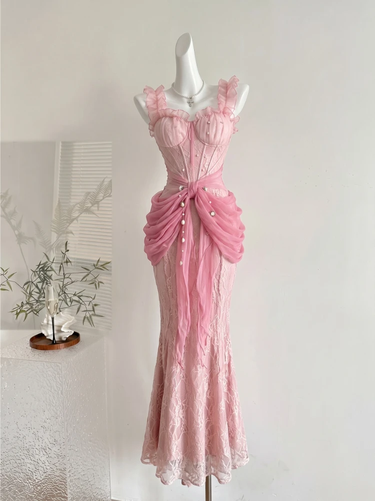 Französisches Elegantes Pure Desire Spitzen-Mesh-Kleid mit Spaghettiträgern für Damen, Fishtail-Saum, Gerafftes Sommer-Party-Abendkleid für Dates und Geburtstage