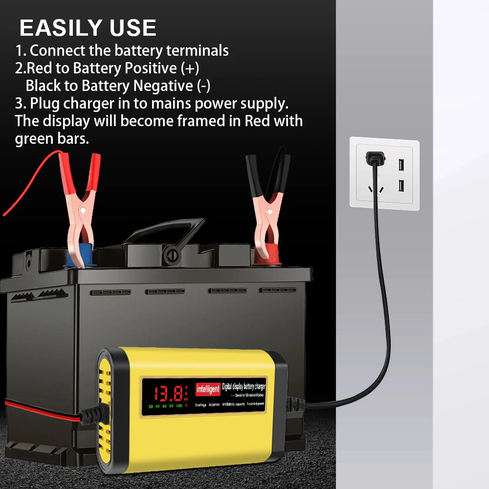 12V EU-Stecker Autobatterie-Ladegerät Blei-Säure-Batterie Impulsreparaturwerkzeug Intelligentes Digitales Auto- und Motorradzubehör – Detail 5