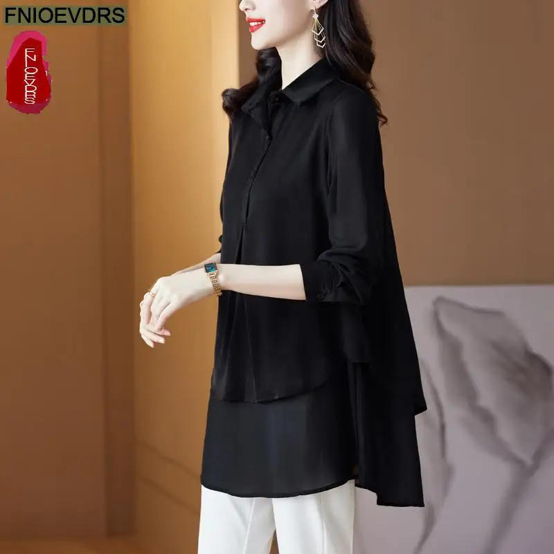 M-3XL 2023 Women European Style Fashion Elegant Office Lady Work Button Shirt Casual Black Robe Tunic Peplum Tops And Blouses