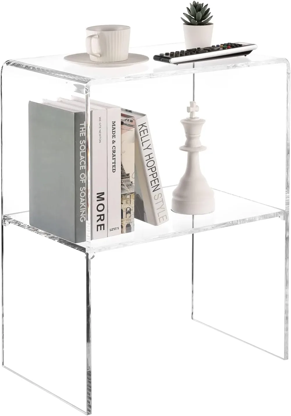 24 Inch Premium Clear Acrylic End Table, Decorative Living Room Side Table with 2 Tier Display Shelf
