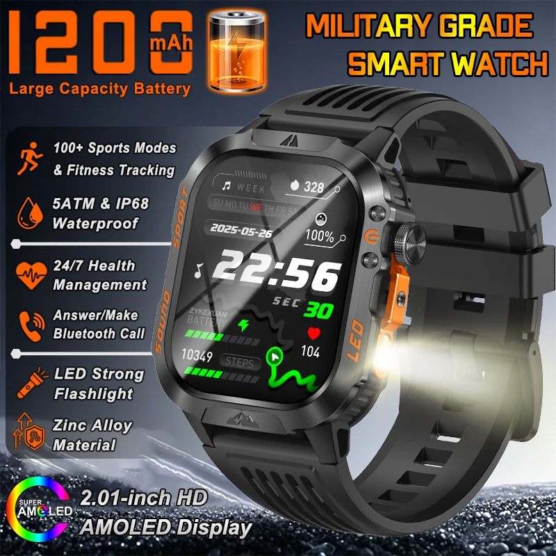 

2026 New 1200 mAh Battery Military Smart Watch GPS Path 5ATM Waterproof Sports Run Tracker Outdoors Fitness Military Smartwatch