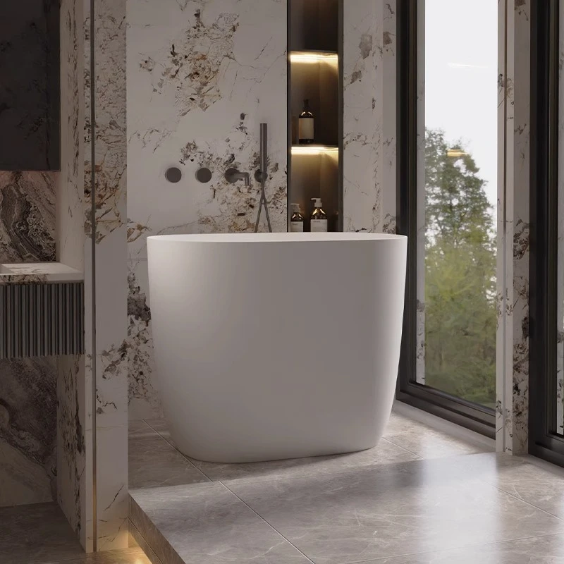 Qimei Stone Corian Polimero Pietra artificiale Schiuma profonda Mini vasca da bagno ovale seduta per uso domestico