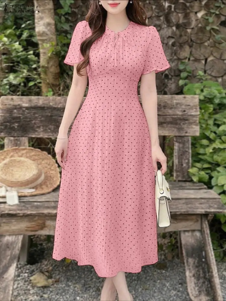 ZANZEA Frauen 2025, Sommerkleid, elegant, kurzärmelig, gepunktet, lässig, mit Schnürung, Urlaub, Midi-Robe, modisch, Arbeit, Vestidos
