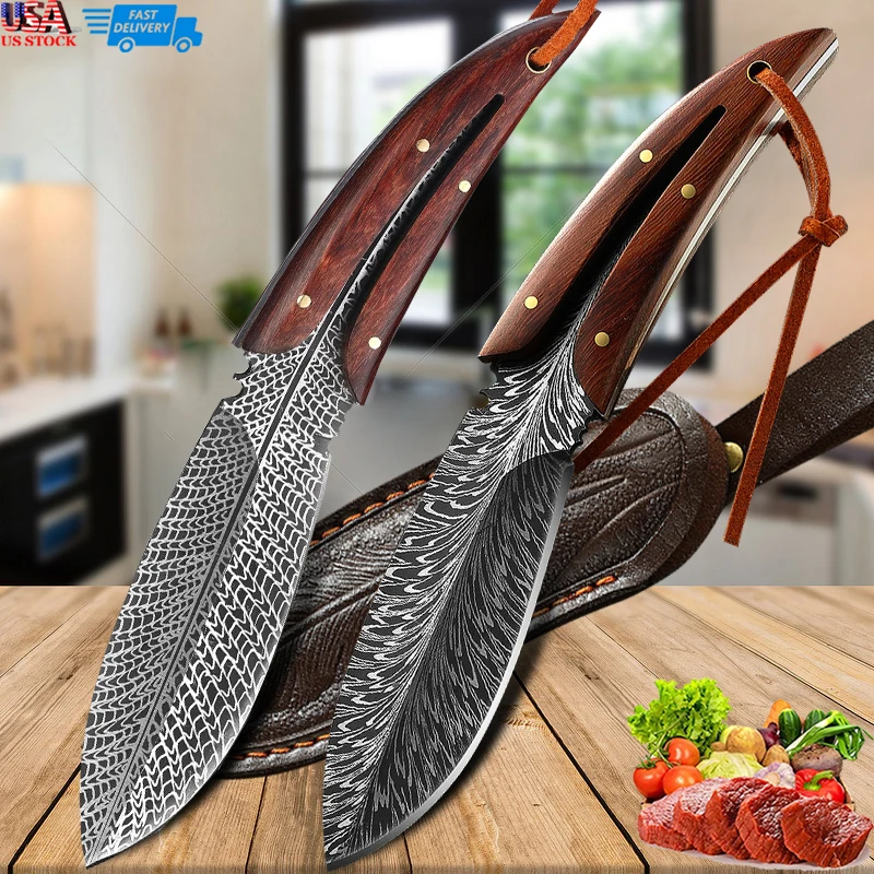 Kitchen Knife Stainless Steel Feather Chequer for Cutting Vegetables and Fruit Barbecue Hand Meat Knife 2 Pieces