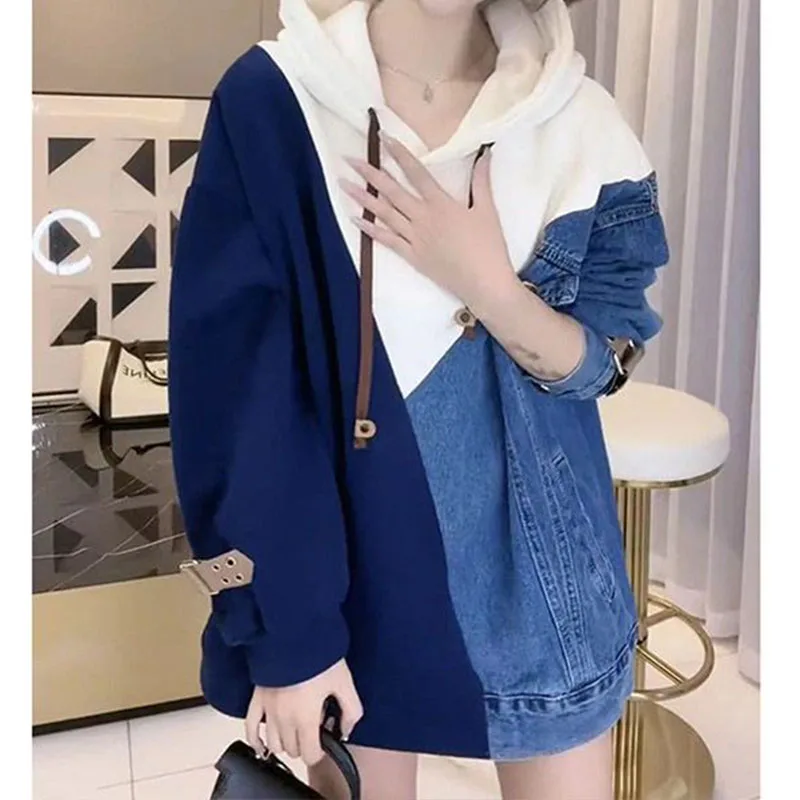 2022  Hooded  sweater  Loose plus  size  Female  Autumn    Winter  Casual  Denim  stitching   wild Long  Hoodie