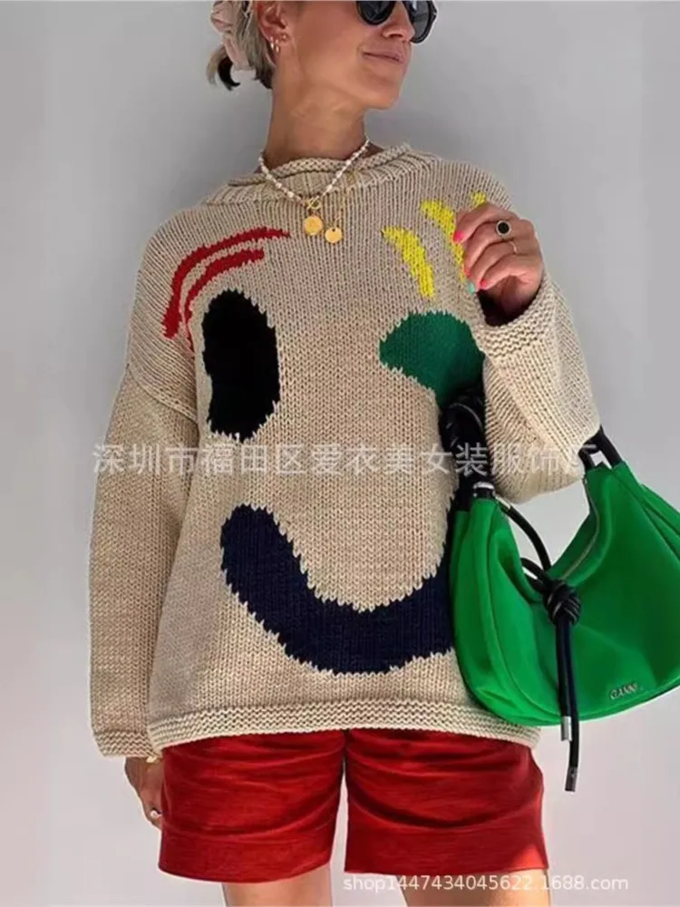 Fashion Color Smiley Face Knitted Sweaters Women Autumn Winter Loose O Neck Knitting Pullover Sweater Ladies Streetwear Tops New