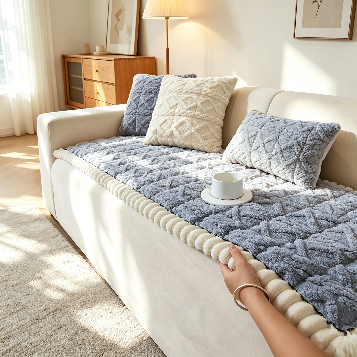1PC Modern Plush Sofa Cushion Cover, Non-Slip Washable Pet-Friendly Couch Seat Protector for Loveseat, Sofa & Sectional