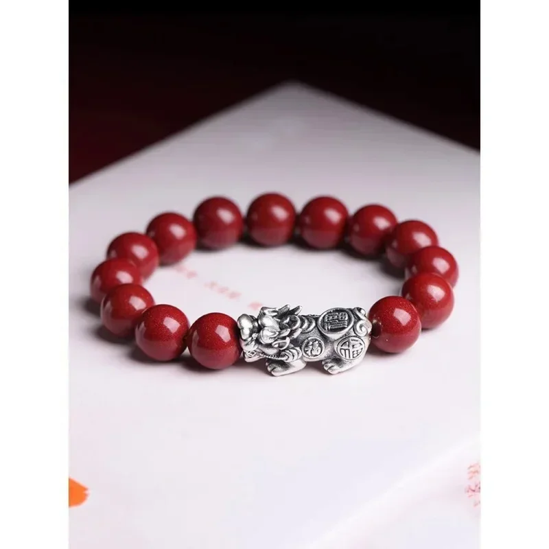 High Content Fidelity Silver Cinnabar Pixiu Bracelet Original Design Couple Bracelet Men's and Women's Simple Antique Gift