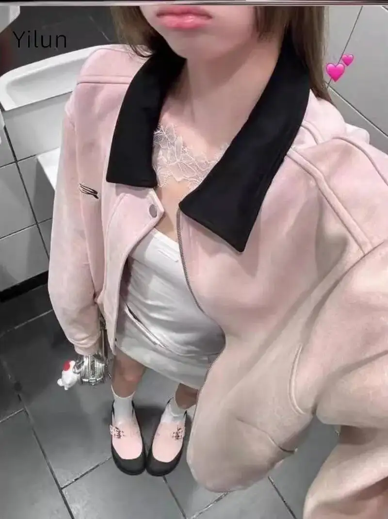 

Yilun Fashionable Pink Lapel Zipper Jacket Loose Cardigan Top Women's Spring And Autumn Clothing 2025 New Item