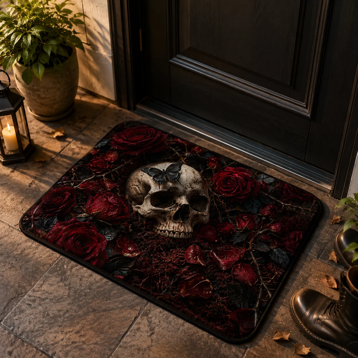 VIKAMA Skull Red Rose Halloween Doormat Non Slip Indoor Outdoor Rug Gothic Spooky Castle Front Entrance Welcome Decor Mat Rug
