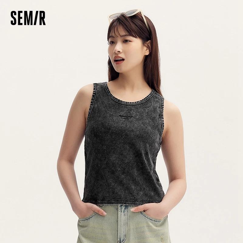 Semir Short-Length Vest Women Slim-Fit Vintage Distressed Look Cool And Trendy 2024 Summer New Black Embroidered Top