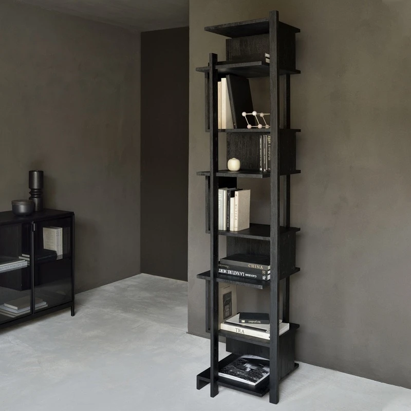 Minimalist pure solid wood vertical bookshelf guest restaurant all solid wood display stand black oak