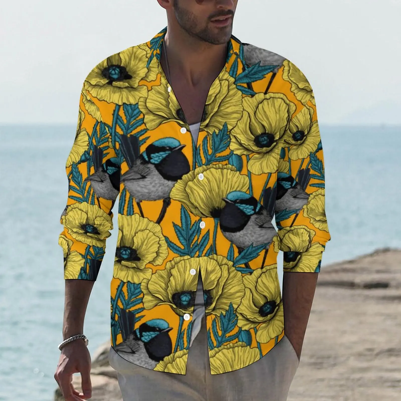 Cute Birds Print Shirt Autumn Yellow Flower Casual Shirts Man Trending Blouses Long Sleeve Graphic Aesthetic Clothing Plus Size