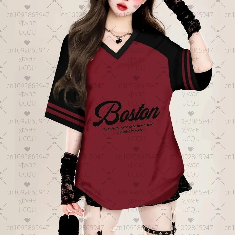 2026 Women LETTERS BOSTON Print V-Neck Short Sleeve T-Shirt Summer Tee Baseball Jerseys Stripe Oversized Sport Outdoor T-Shirt