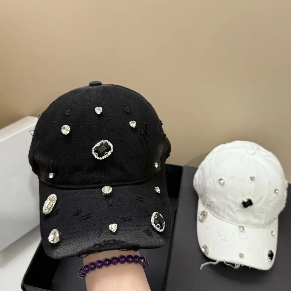 Cotton Rhinestone Baseball Cap Torn Effect Vintage Wash Hole Washed Hat Rhinestone Embellished Adjustable Snapback Hip Hop Cap