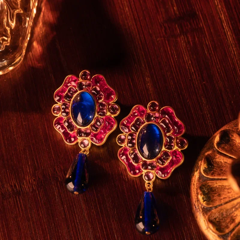 

Fashion medieval vintage retro noble double-layer jelly glazed flower inlaid glazed simple stud earrings