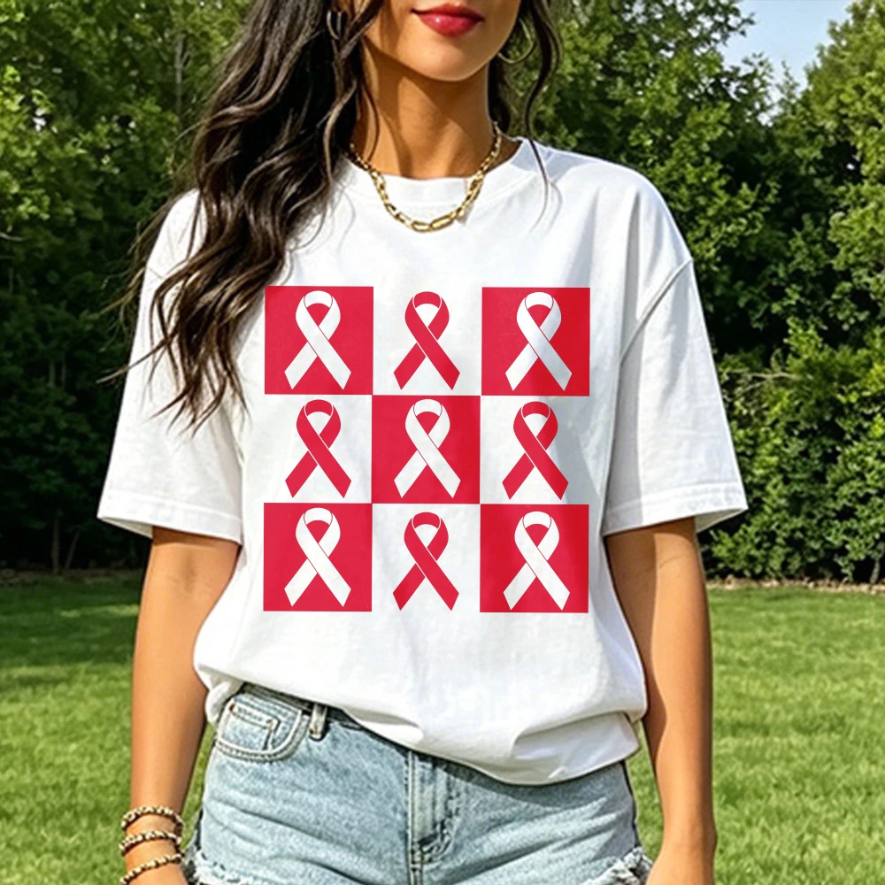 T-shirt à manches courtes avec symbole de sensibilisation au damier pour le mois de la cardiologie, cadeau pour infirmière cardiologique, campagne caritative, hauts de campagne de sensibilisation