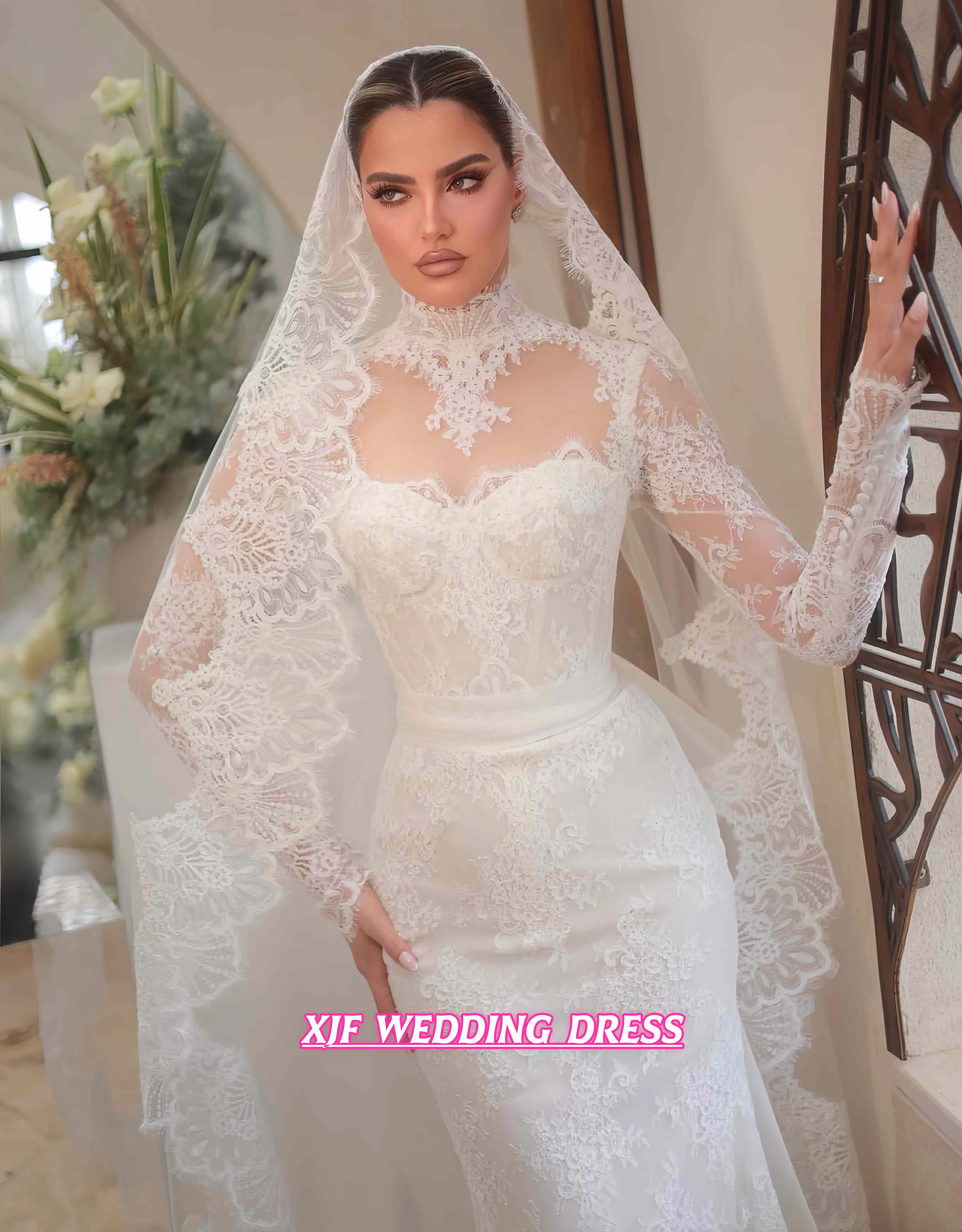 Maßgeschneidertes Elegantes Langarm Hochgeschlossenes Spitzen-Meerjungfrau-Hochzeitskleid Vestidos De Novia für Bräute Sexy Eleganter Stil