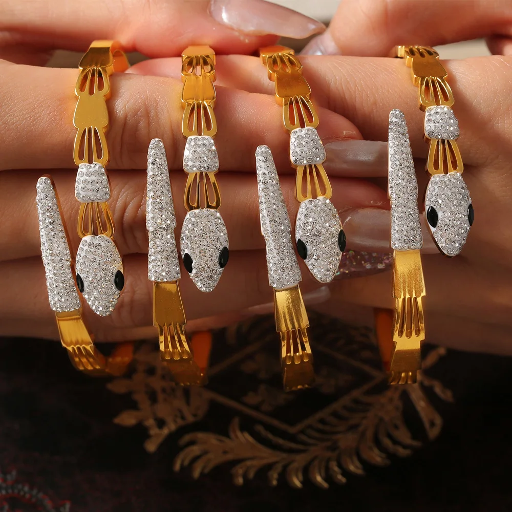 Sparkle Stainless Steel Bracelet for Women Plated Gold Snake Design Luxury Fashion Hollow Bangle Jewelry Gift Wholesale