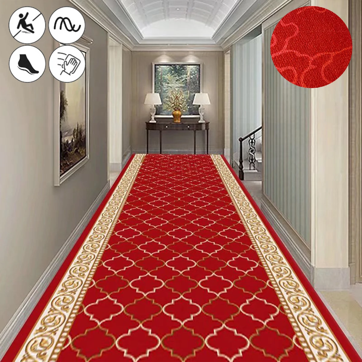 

Red Long Corridor Carpets Fully Covered Villa Aisle Rug Customizable Hallway Carpet European Style Luxury Geometric Runner Mat