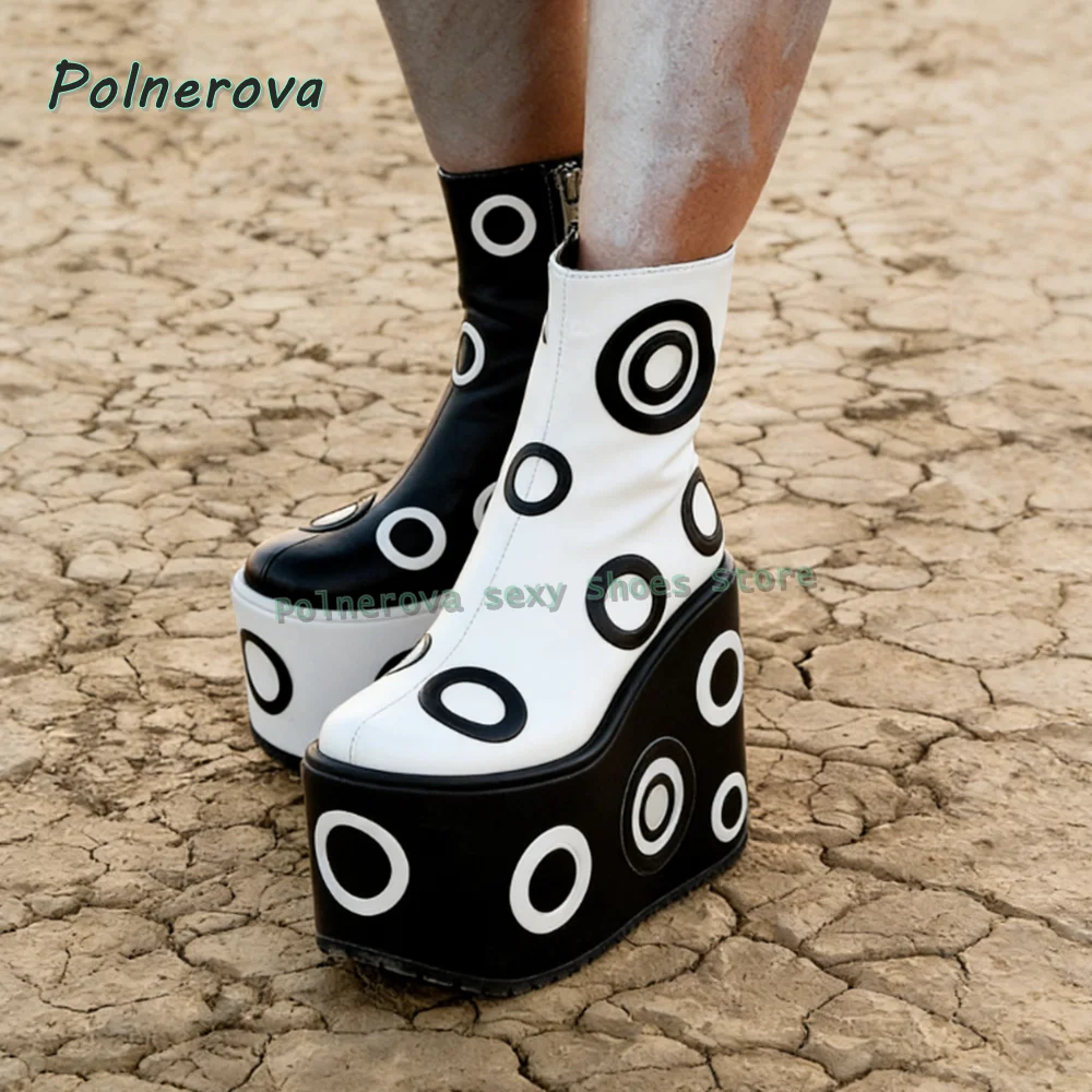 Circular Hole Pattern Wedge Fashion Boots Round Toe Thick Sole Side Zip Black and White Color Blocking Ankle Boots 2026 Trend