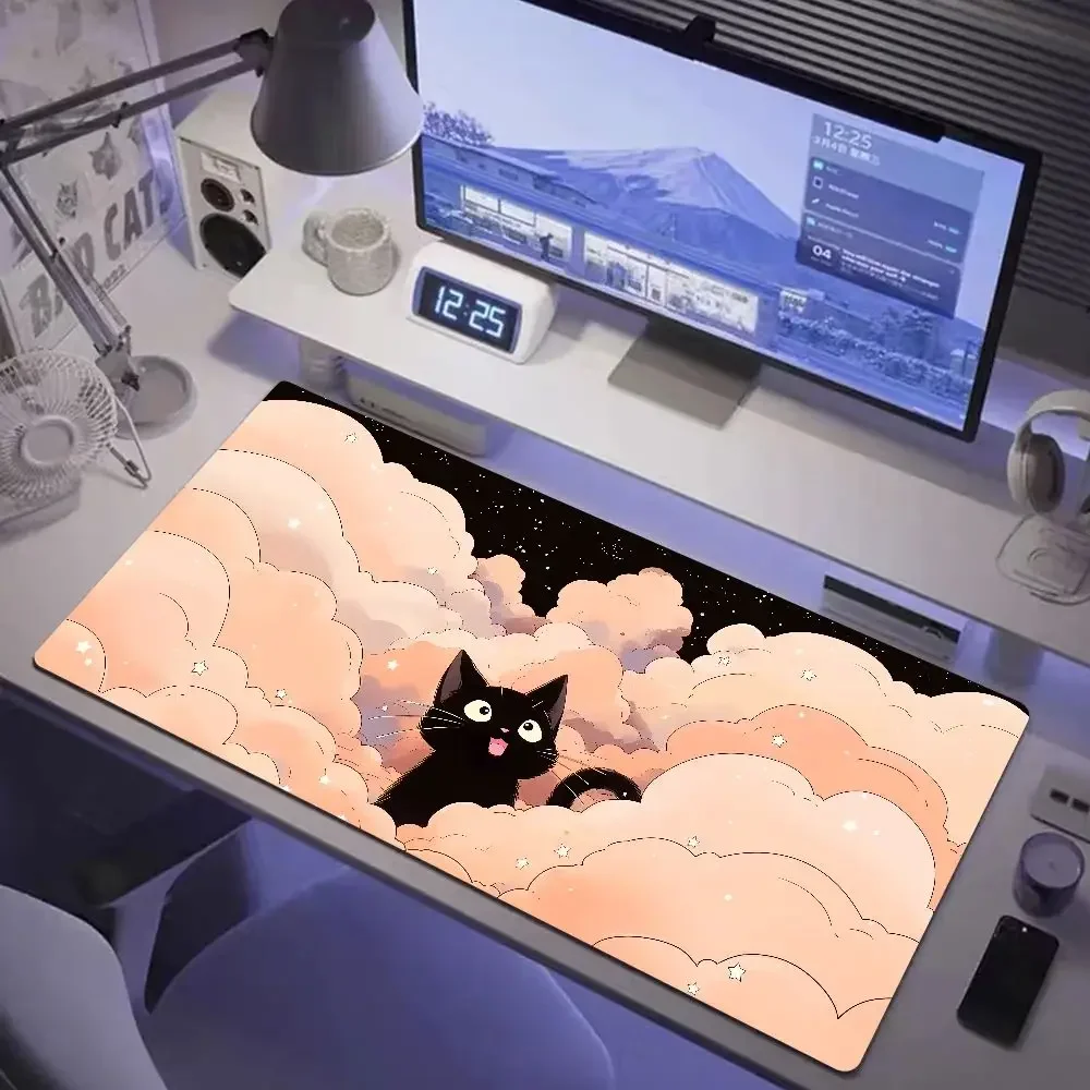 Kawaii Black Cat Green Plants Mousepad XXL Anime Pc Gamer Cabinet Mat Keyboard Carpet Computer Gaming Accessories HD Pad Rubber