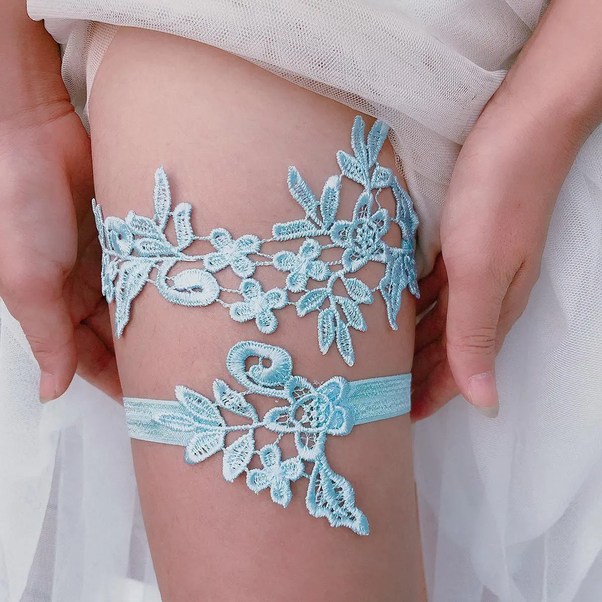 2pcs Women Blue Leg Ring Sexy Lace Garter Belt Leg Loop Wedding Garters Bridal Female Cosplay Thigh Ring Stocking Belt