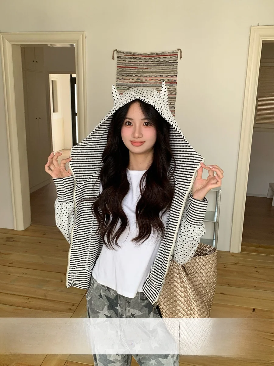 

Женский джат с капюшоном Orange Tree в Корейском стиле в горошек, повседневный утягивающий открытый кардиган с двойной молнией, топ на осень, стандартной посадки