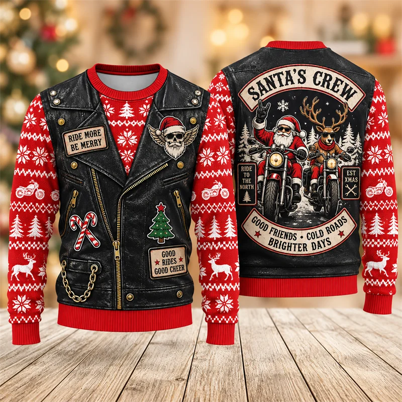Vintage Christmas Biker Sweater Men Santa Reindeer Gingerbread Motorcycle Crewneck Ugly Xmas Pullover Holiday Streetwear Top