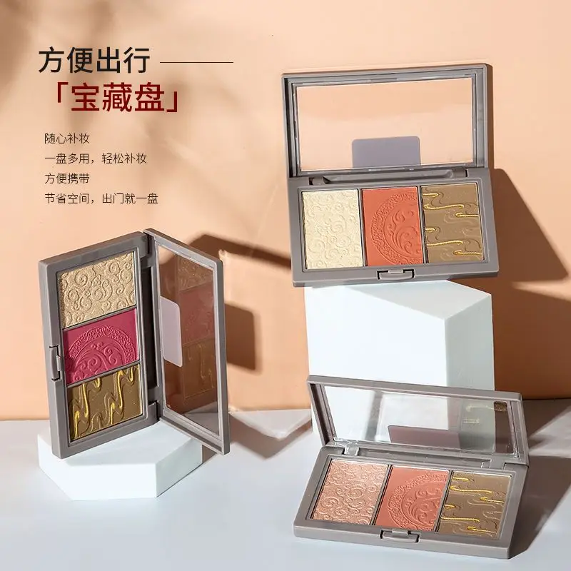 Bronchadores y resaltadores de estilo chino de corte, placa de contorno de rubor, sombra iluminadora brillante de perlas, maquillaje Natural mate